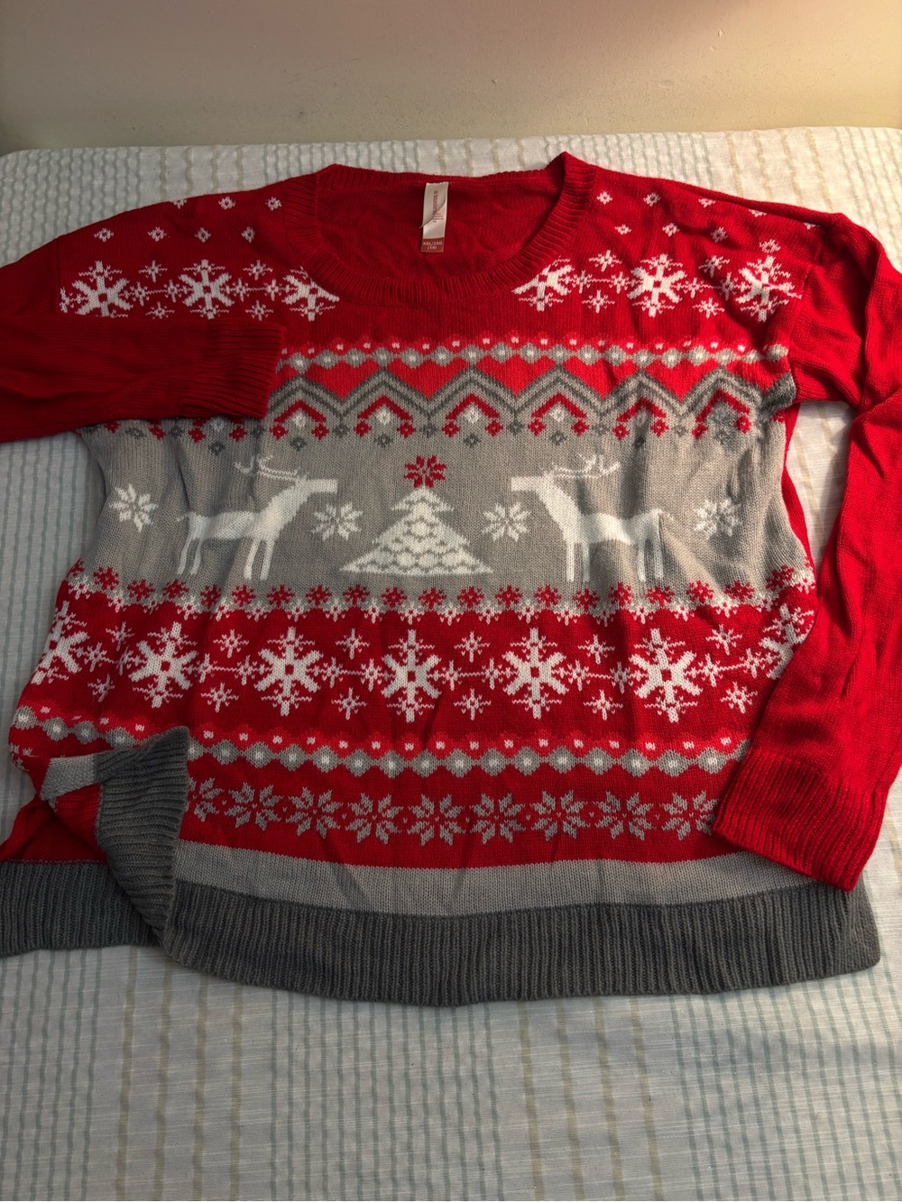 No Boundaries Red, Gray and White Reindeer Crewneck Sweater